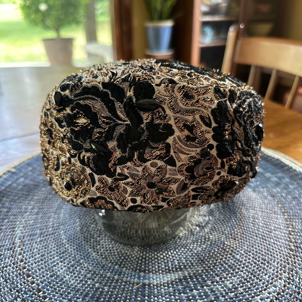 Elegant Vintage Black and Gold Pill Box Hat